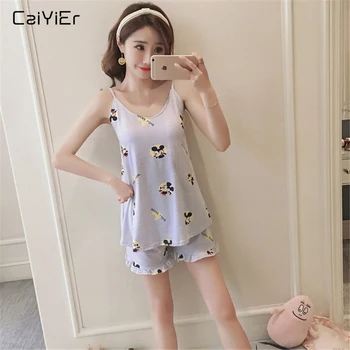 

Caiyier Summer 2019 Short Pajama Set Women Sling Sleepwear Sexy Sleeveless With Chest Pad Mickey Print Casual Nightwear