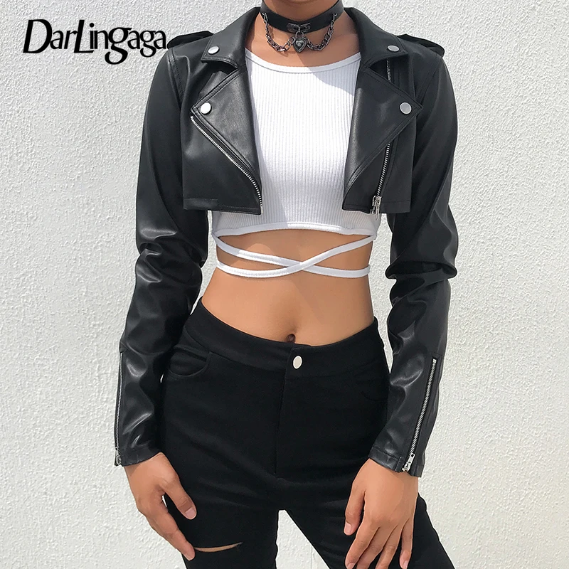 Darlingaga Street Motorcycle Faux Leather Jacket Women Zipper Cropped Jacket Coat Outerwear Autumn Basic Jackets Ladies Cardigan