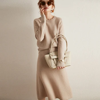 

100% Cashmere Sweater Women Suit Dress Pullover Long Sleeves 3 Colors Ladies Casual Coat Knitwear New Fashion