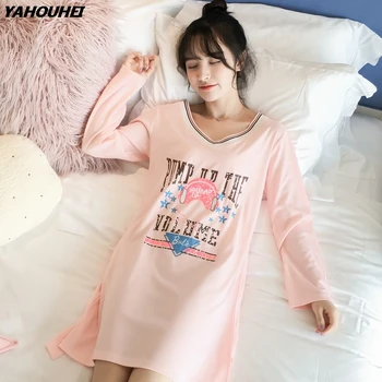 

100% Cotton Nightgowns For Women 2019 Spring Autumn Long Sleeve V-neck Night Dress Letter Home Dress Female Sleepwear Nightdress