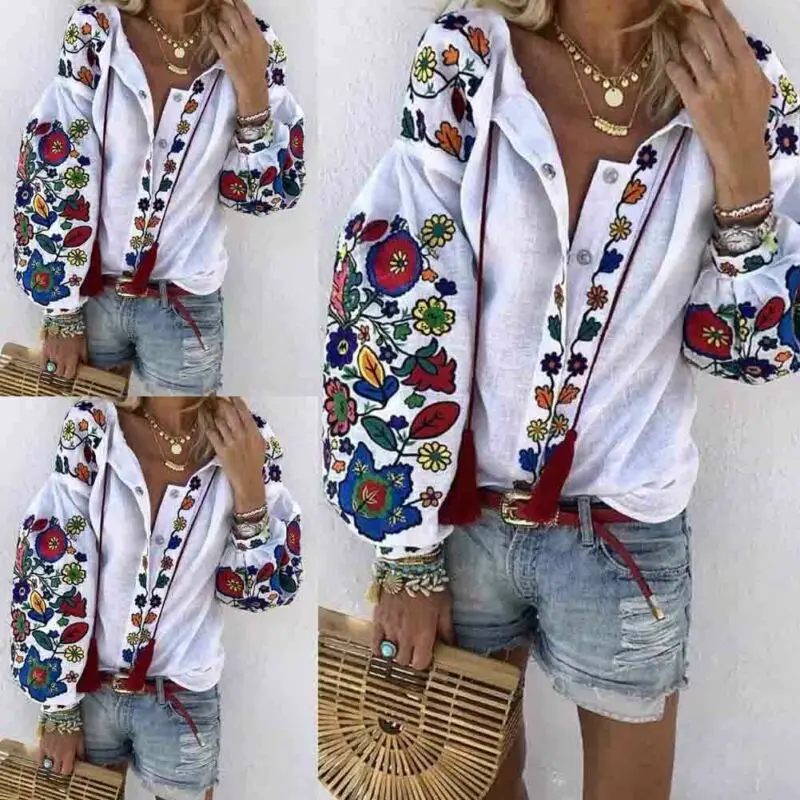 Hirigin Spring Autumn Women Casual Flower Print Linen Button Long Lantern Sleeve Tunic Blouse National Feature Wear