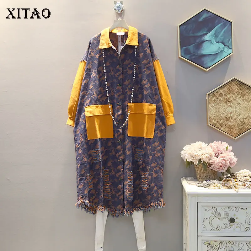 

XITAO Tide Plus Size Hit Color Denim Blouse Women Clothes 2020 Fashion Loose Casual Turn Down Collar Pocket Print Shirt XJ4183