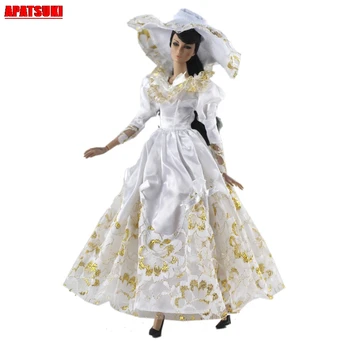 

White Lace Evening Party Gown Dress Princess Big Dresses Outfit Hat Set Clothes for Barbie Doll Clothes for 1/6 BJD Doll Kid Toy