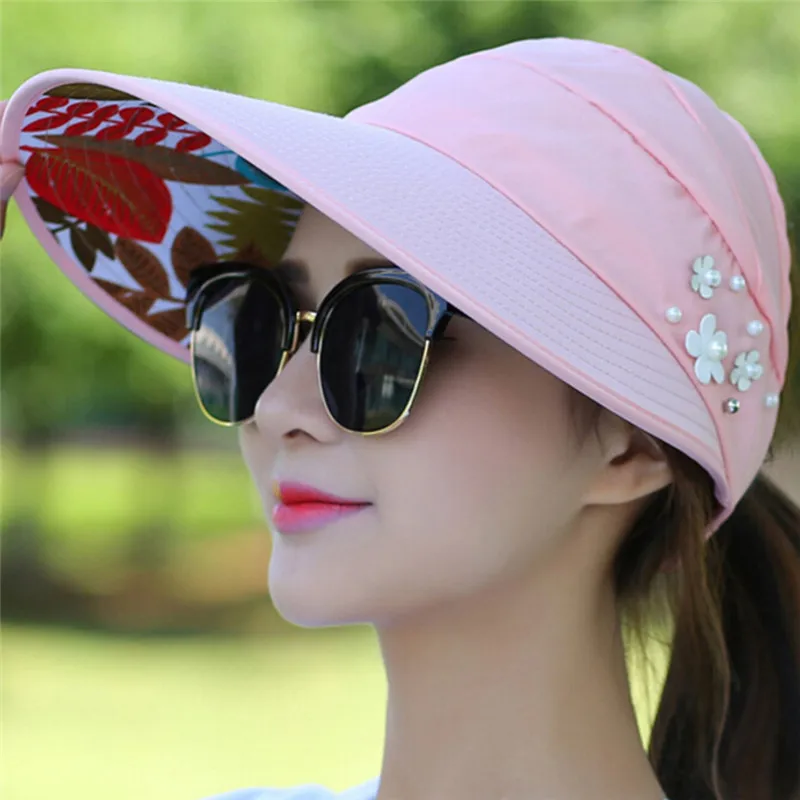 Sports Sun Hats Women Flower UV Protect Sun Hat Foldable Large Brim Visor Cap Beach Sun Hat Outdoor Fashion