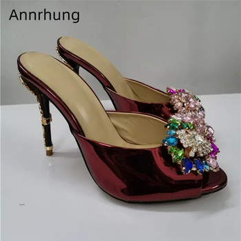 

New Design 2020 Crystal Flower Runway Mules Colorful Metal Decor Thin High Heels Open Toe Rhinestone Summer Slippers Women