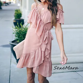 

2020 Fashion Casual Women Ruffles Mini Dress Summer Sexy V-neck Spaghetti Straps Slim Dress