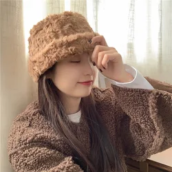 White Waxy Plush Sweet Autumn Fashion Warm Bell Bucket Hat Female Versatile Mask Fisherman Hat