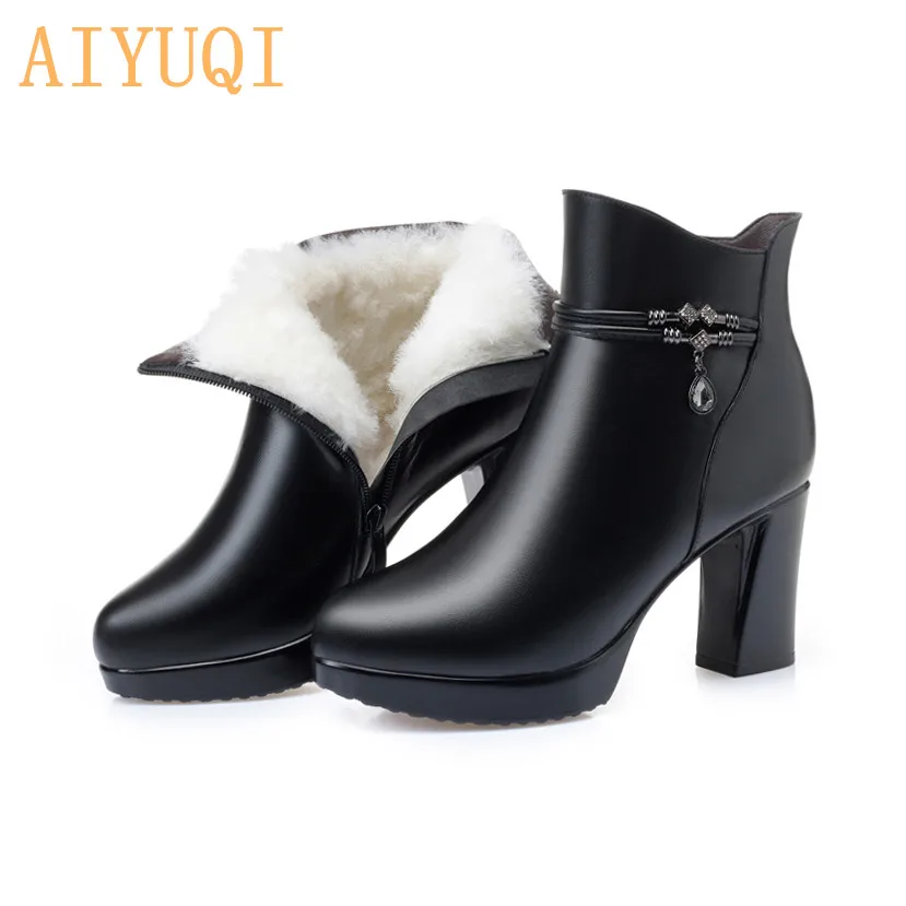

AIYUQI 2019 New Wool Winter Cow Leather Boots Woman Thick Heel Fashion Platform High Heels Booties For Women