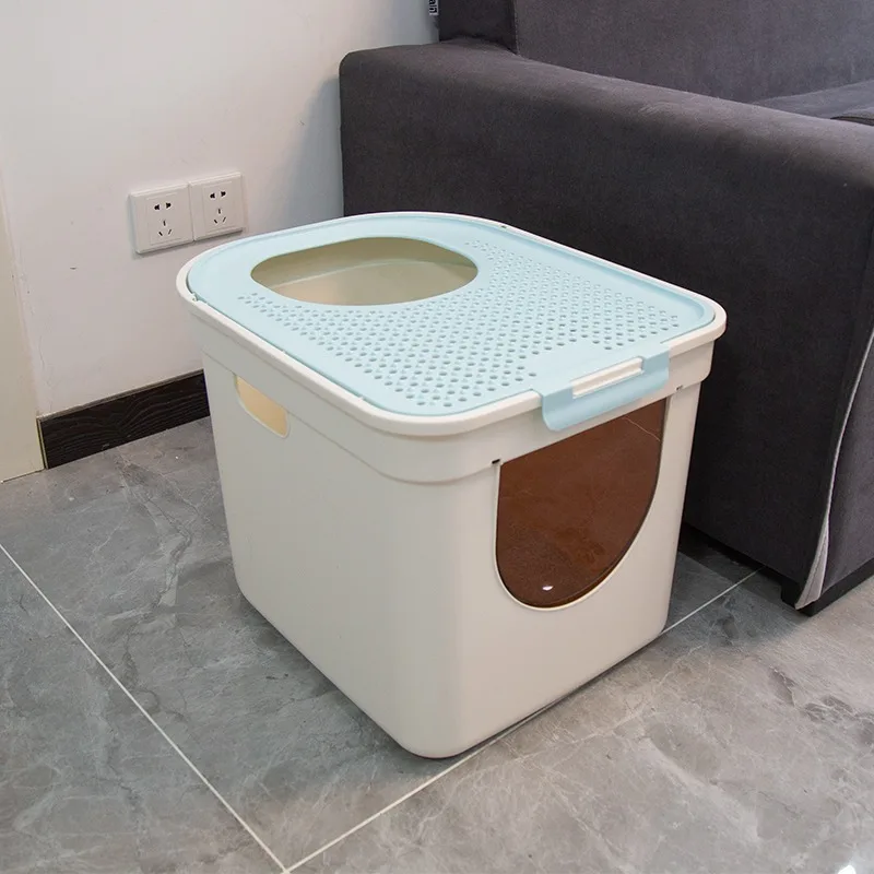 Plastic Cat Toilet Training Kit Litter Box Totally Closed Design Top Entry Cat Sandbox Tray Toilet Bedding Training