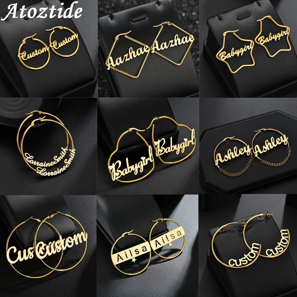 Atoztide Personalized Name Stainless Steel Letter Earrings For Women 3 Color Custom Name Cricle Earrings Weddings Party Jewelry duoying custom name jewelry set personalized letter necklace customized name bangles stainless steel mini hoop earrings 18mm