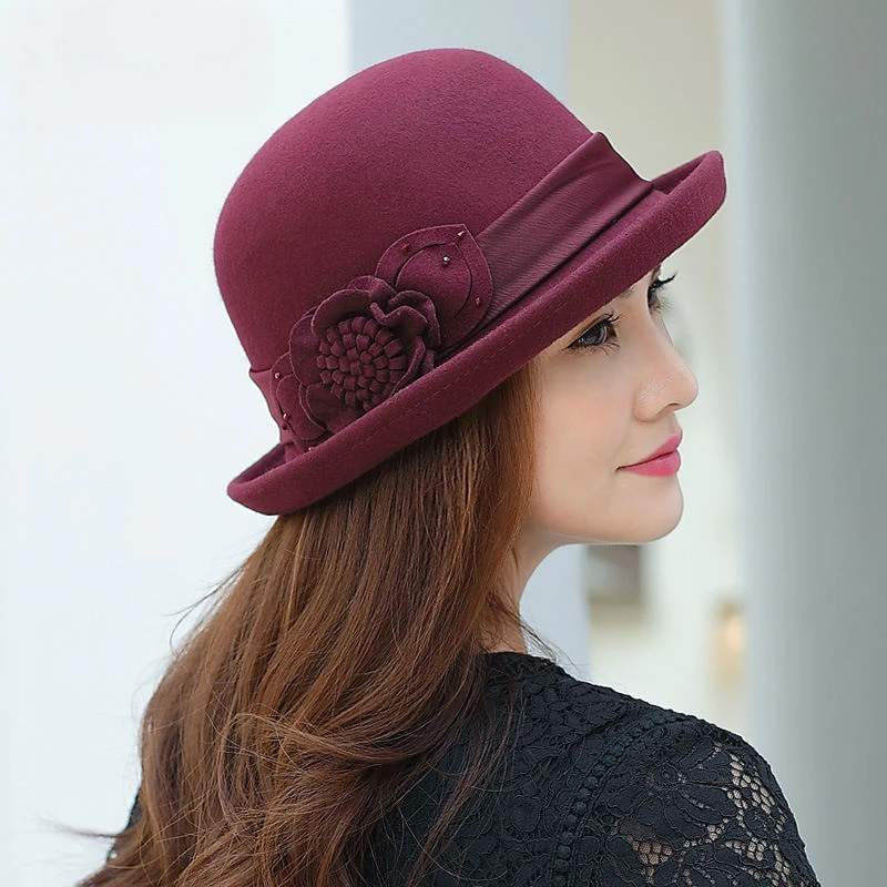 

100% Australia Wool Felt Hat Up-turn Brim Hat With Chic Flower Winter Bowler Fedoras Ladies Chapeau Femme 5 Colors