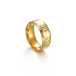 Vintage Norse Rune Stainless Steel Ring - Punk Style Amulet Jewelry - 8 (Gold)
