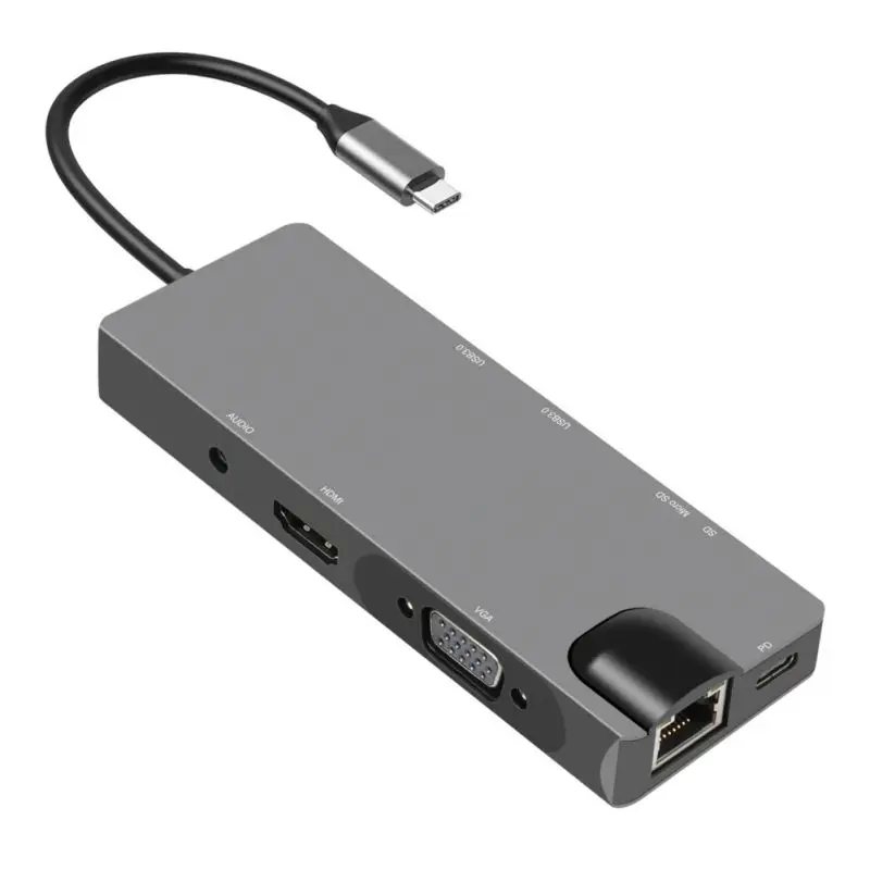 Серый USB C на Hdmi VGA Ethernet адаптер Тип-c многофункциональный концентратор 4K HD usb-хаб 9 в 1 док-станции - Цвет: Серый