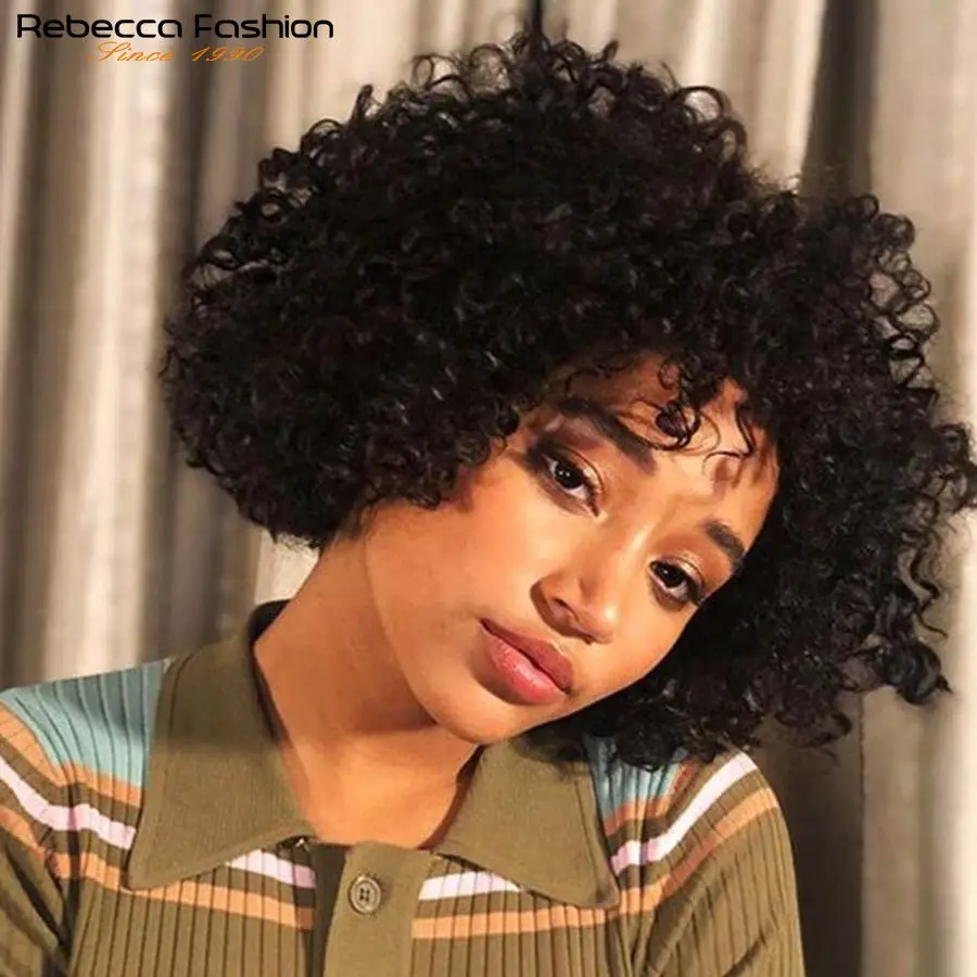 Rebecca кудрявые человеческие волосы боб парик с челкой короткий кудрявый Полный