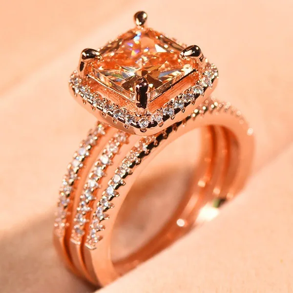 

Zhen Rong New Style Plated 18 K Rose Gold Three Ring Set Women's Europe And America-Style Full of Crystals Princess Engagement R