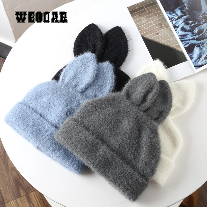 

WEOOAR Mink Fur Women's Winter Hat 2021 Fashion Bunny Ears Knitted Hats Cartoon Habbit Men's Beanie Hat Child Warm Bonnet MZ258