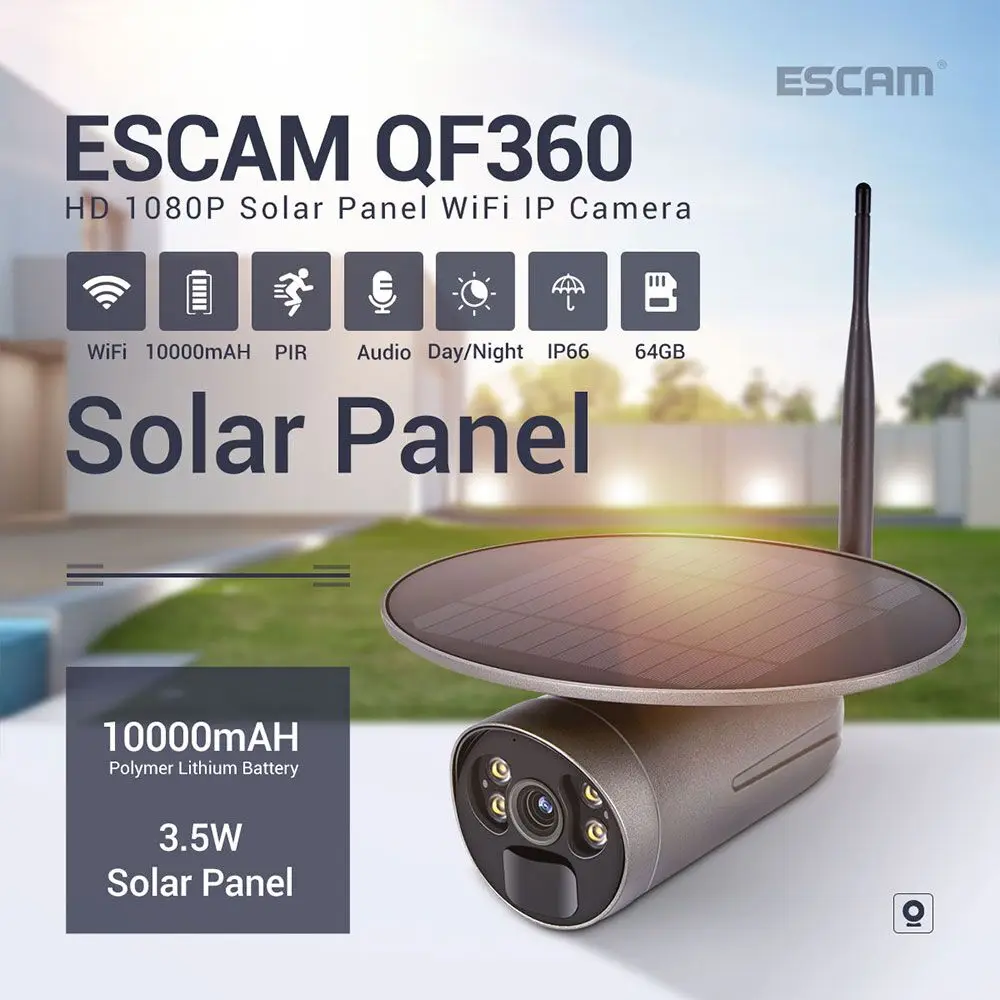 ESCAM NEW QF360 1080P Cloud Storage WIFI Battery PIR Alarm IP Camera With Solar Panel Full Color Night Vision Two Way Audio IP66