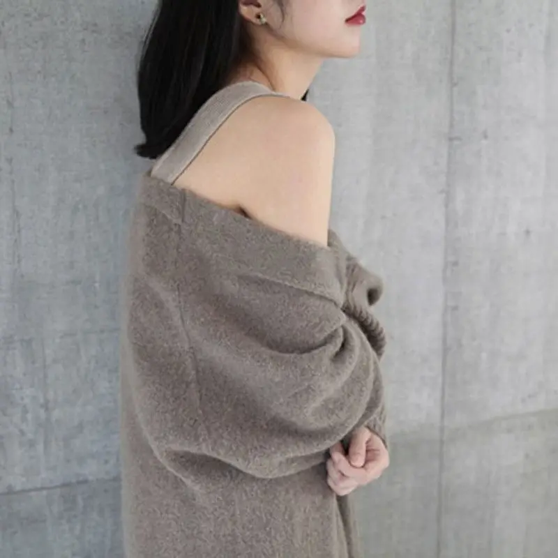 Вязаный кардиган более размера Повседневный свитер свободного покроя для женщин карман офисная одежда Джемпер серый длинный кардиган Casaco Feminino