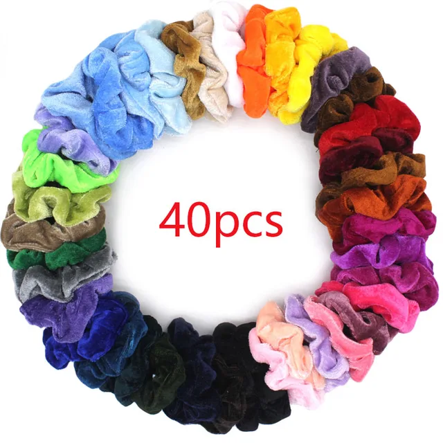 50pcs/set Vintage Hair Scrunchies Stretchy Velvet Scrunchie Pack Women Elastic Hair Bands Girl Headwear Plain Rubber Hair Ties 40pcs