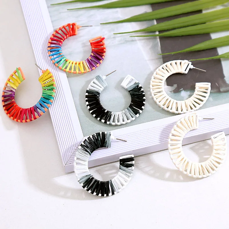 

2019 Korean Geometric Multicolor Lafite Big Drop Earrings For Women Boho Semicircle Raffia Statement Earring Jewelry Gifts