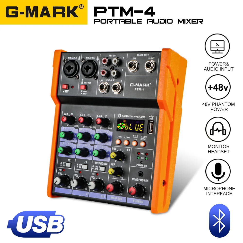 G-MARK PTM-4 mezclador de Audio mezcla DJ consola con tarjeta de sonido USB alimentación Phantom de 48V para PC grabar cantar Webcast fiesta