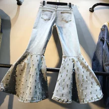 WHITNEY WANG Осенняя мода уличная Высокая строчка Бриллианты Женские джинсы клёш уличные джинсовые брюки