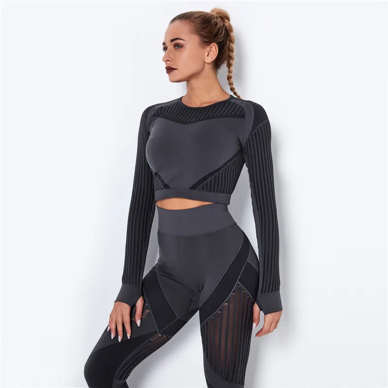 Hollow Out Seamless Yoga Set Sport Outfits Women Black Two 2 Piece Crop Top Bra Leggings Workout Gym suit Fitness Sport Sets