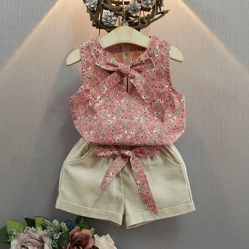Bear leader/комплекты одежды для девочек, лето, брендовая многослойная Детская рубашка без рукавов с оборками и цветочным принтом+ короткие штаны для девочек 3-7 лет - Цвет: ax1134    pink