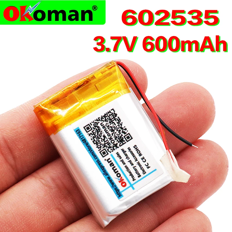 

3.7V 600mAh 602535 Rechargeable li Polymer Li-ion Battery With PCB For Bluetooth Headset GPS MP3 MP4 PSP Recorder Free Shipping