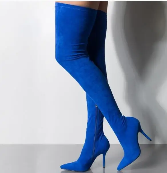 

Moraima Snc Royal Blue Suede Thigh High Heel Boots for Women Sexy Pointed Toe Over the Knee Boots Thin Heels Shoes
