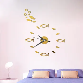 

New 3D DIY Wall Clock Fish Theme Acrylic Mirror Stickers Living Room Quartz Needle Children Room Home Decoration