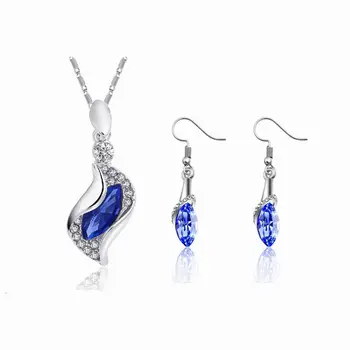 

925 sterling silver necklace earrings gift, wedding women's jewelry set Fine jewelry Austria crystal treasure blue pendant