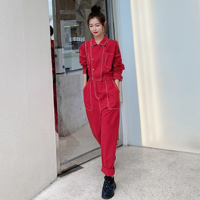 Women Jumpsuit Single-breasted Long Sleeve Solid Color Tight Bodysuit  Casual