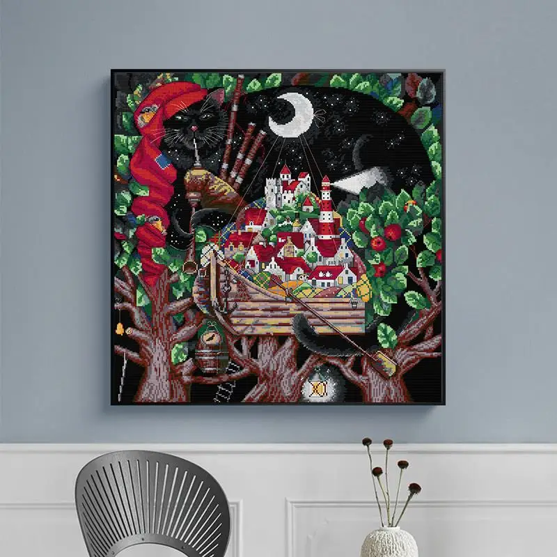 Cross Stitch Kit Cross Stitch Tools Joy Sunday The flute at night Cross stitch kit DIY black cat pattern 11CT 14CT counted needlework embroidery set Home decoration
