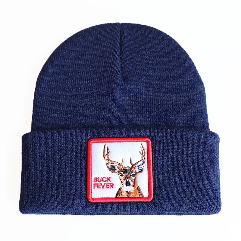 Новинка Осень Зима животные Тигр Волк Акула Skullies шапки Теплые Вязаные Шапка с вышивкой для женщин мужчин хип хоп шапка - Цвет: navy blue buck