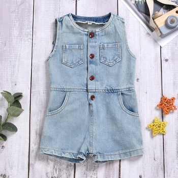 

Girls Clothing Rompers Denim New 2020 Sleeveless Blue Cotton Washed Jeans Toddler Kid Jumpsuits For 1-5Year