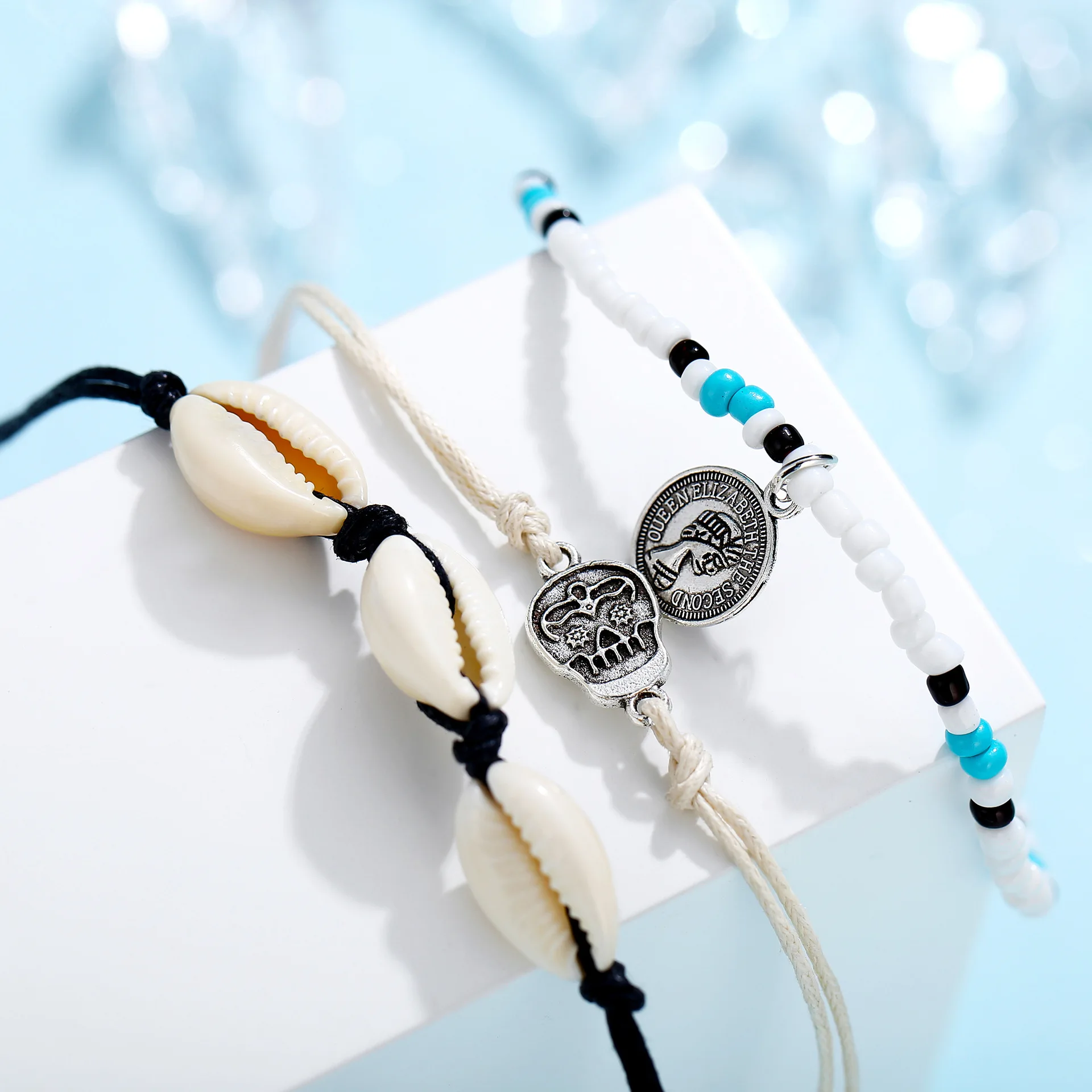 

Europe And America New Style Anklet Creative Retro Bohemian Style Head Stamp Shell Skeleton Anklet Set