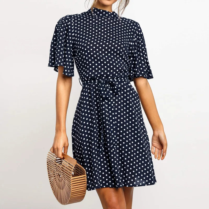 

2019 Polka Dot Dress Women Summer Boho Beach Chic Mini Dress Casual Short Sleeve Ladies Office Elegant Dress Vestido Mujer