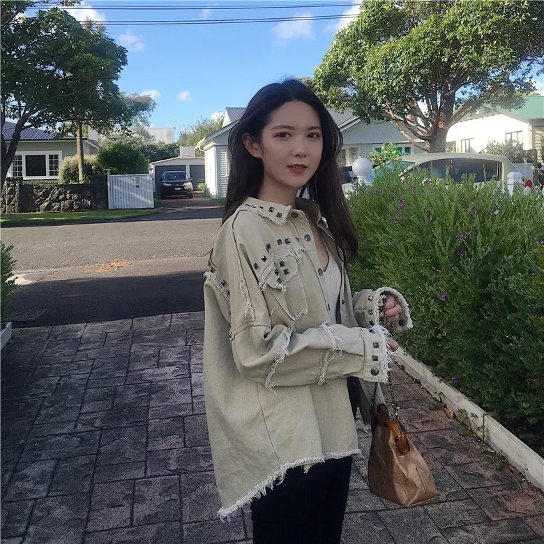 

Casual Women Denim Jacket Fashion Rivet Long Sleeve Jeans Jackets Oversize Outerwear Irregular Coat Thin Ripped Chaqueta Mujer