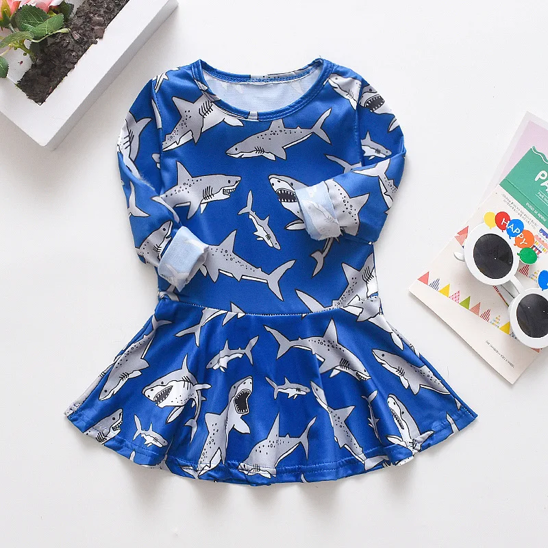

LOOZYKIT Baby Girl Dresses Autumn Fashion Children Cotton Long Sleeve Clothes Baby Christmas Dinosaur Shark Princess Dress