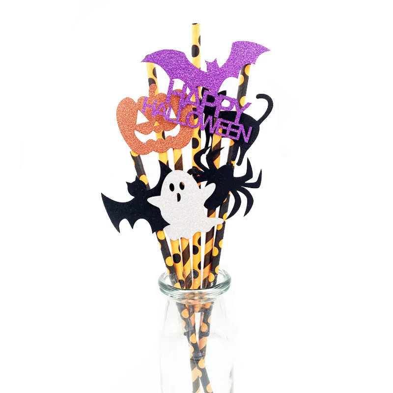 

Halloween Party 6pcs Reusable Paper Drink Straws Props Specter Pumpkin Bat Ghost Theme Party Tableware Halloween Decoration,Q
