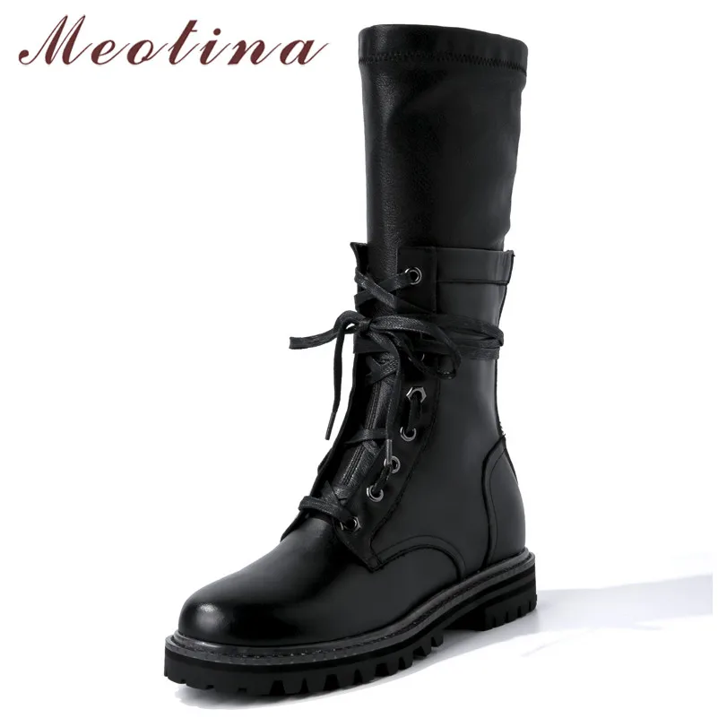 

Meotina Winter Mid Calf Boots Women Natural Genuine Leather Zipper Flat Boots Fashion Round Toe Shoes Ladies New Fall Size 34-39