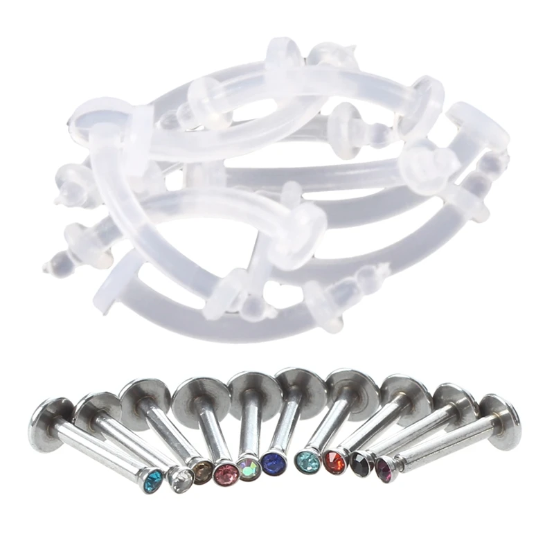 10x Stainless Steel Rhinestone Lip Labret Ring Stud Bar HOT & 10 x