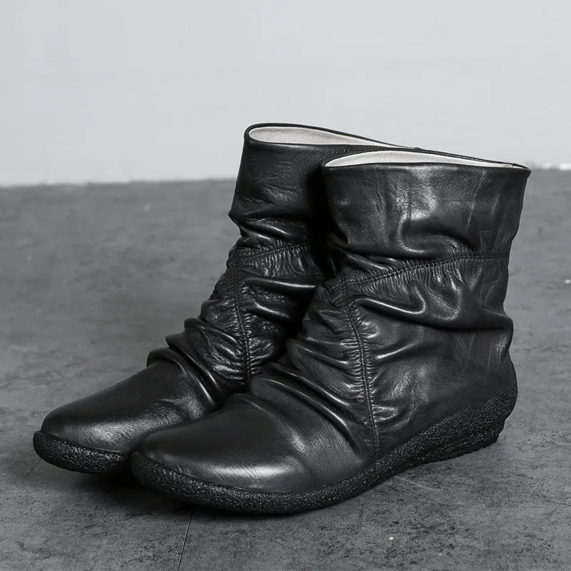 Женские модные повседневные ботильоны с круглым носком без застежки; высококачественные женские ботинки черного цвета из натуральной воло...