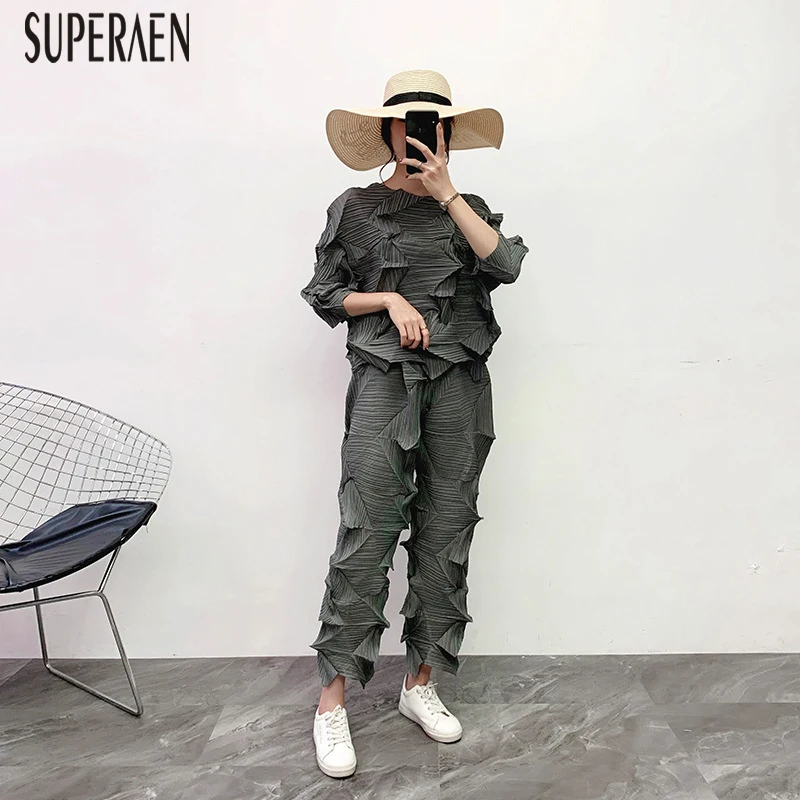 SuperAen, Европейская мода, женские комплекты, осень и зима, новые свободные топы с рукавом три четверти, плюс размер, штаны, два предмета, для женщин