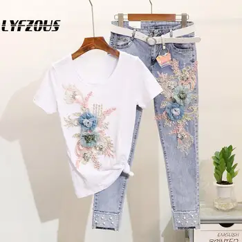 

Summer Ladies Jeans Sets Two 2 Piece Set Women New Beaded Embroidery 3d Flower T-shirt + Jeans Suits Female 2pcs Pants Sets