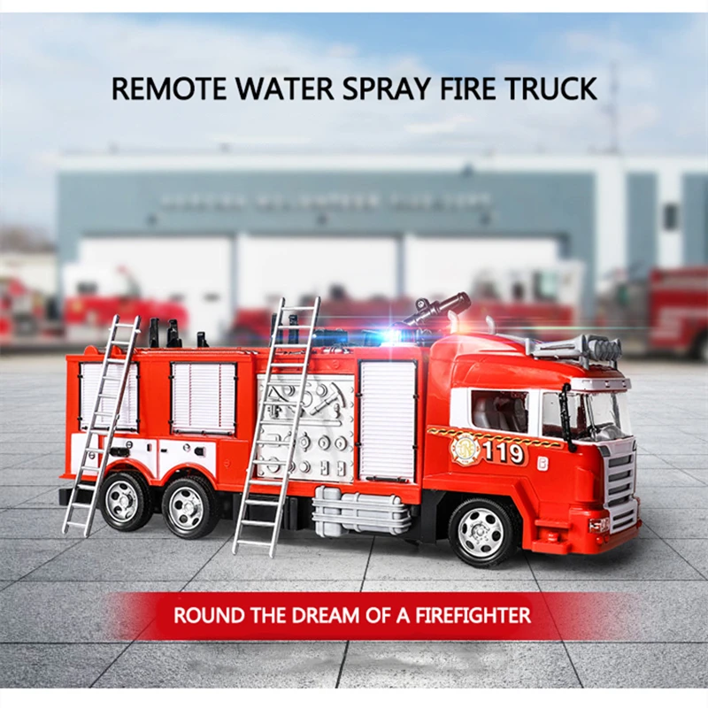 Simulation One Key 360° Water Spray RC Firefighter Truck 2.4G Siren Light Exqusite Interior Tank Children's Remote Control Truck 5