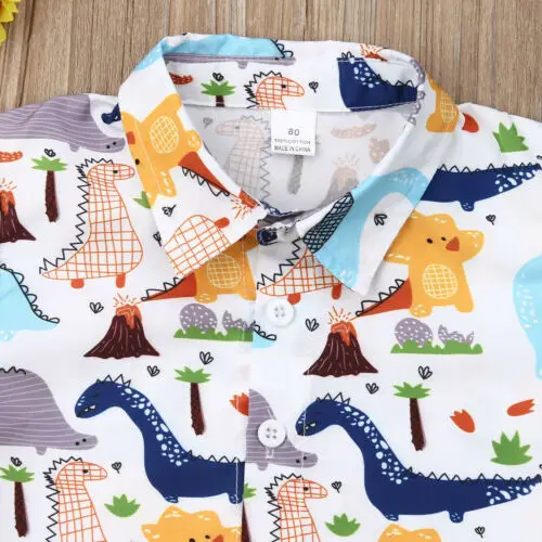 1-6Y комплект одежды для маленьких мальчиков; Новинка года; топ с короткими рукавами и рисунком динозавра+ Детские однотонные шорты; летние детские комплекты