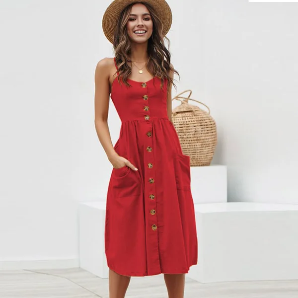 Элегантное женское сексуальное платье на пуговицах, с карманами, в горошек, в полоску, платье миди с цветочным принтом, летнее повседневное женское пляжное платье, Vestidos - Цвет: TS-8018 red