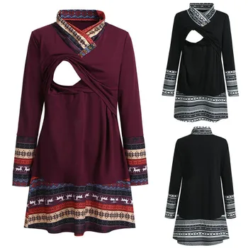 

Maternity Long Sleeve Blouse Vintage Ethnic Printing Pregnant Shirts with Breastfeeding Stand Collar Pregnancy Top Clothing